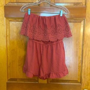 Coral Strapless Ruffle Romper by American Eagle